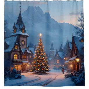 Snowy Eve In The Square – Holiday Village Scene Shower Curtain