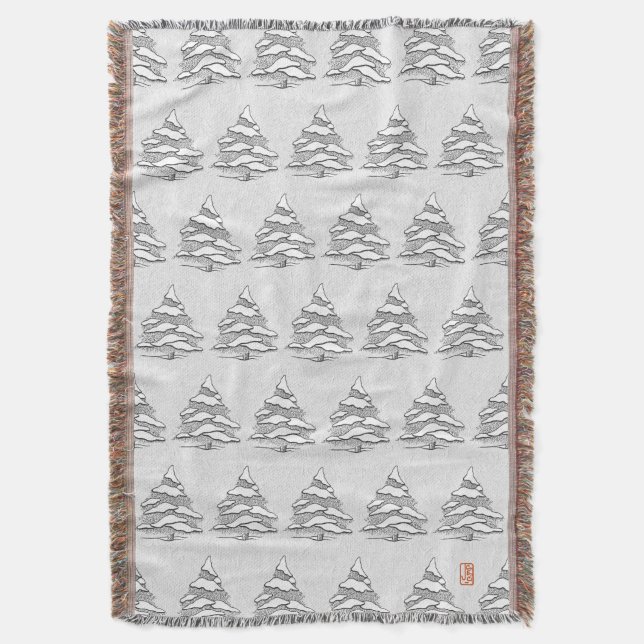 Snowy Evergreen Cotton Throw Blanket (Front Vertical)