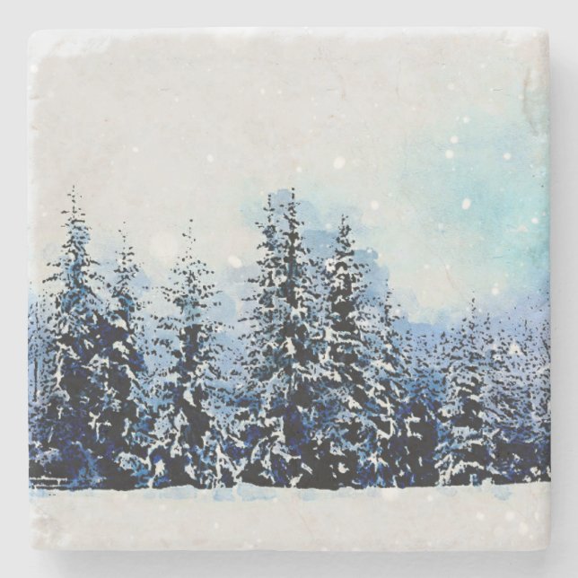 Snowy Evergreen Forest 4x4 Stone Coaster (Front)