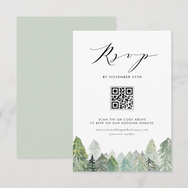 Snowy Evergreen Forest QR Code Winter Wedding RSVP Card (Front/Back)