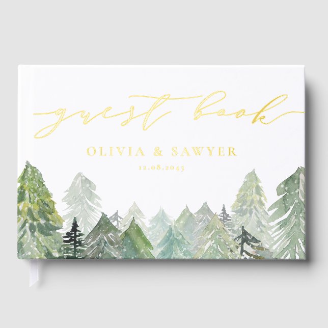Snowy Evergreen Forest Script Winter Wedding Foil Guest Book (Front)