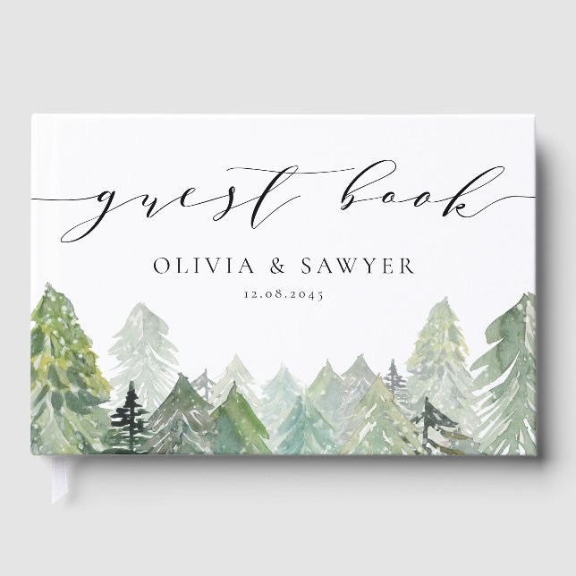 Snowy Evergreen Forest Script Winter Wedding Guest Book (Front)