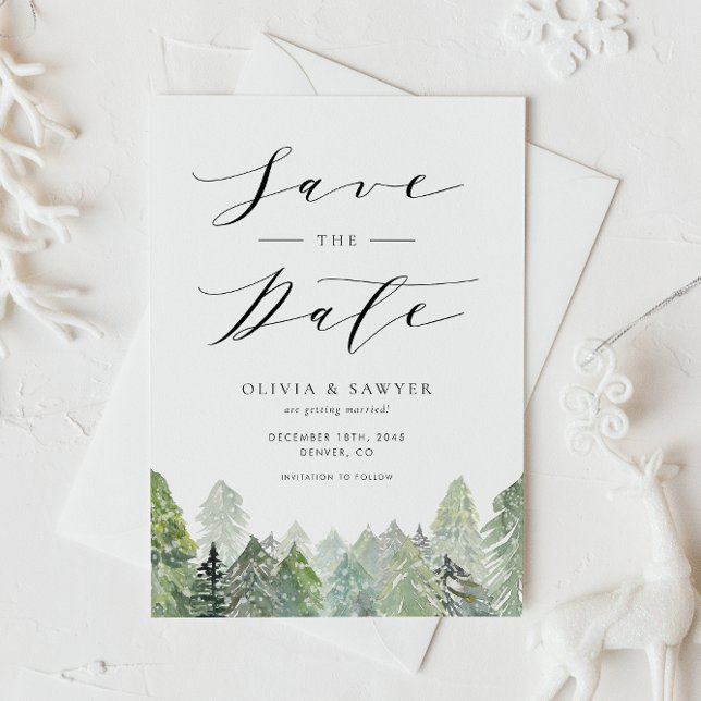 Snowy Evergreen Forest Winter Save the Date Announcement Postcard (Save the date postcard featuring snowy watercolor evergreen forest for winter and rustic weddings.)