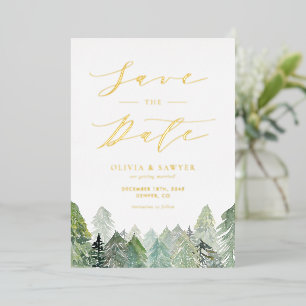 Snowy Evergreen Landscape Winter Save the Date Foil Invitation