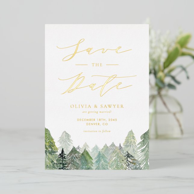 Snowy Evergreen Landscape Winter Save the Date Foil Invitation (Standing Front)