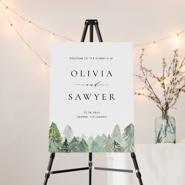 Snowy Evergreen Landscape Winter Wedding Welcome Foam Board (In Situ (Stand))