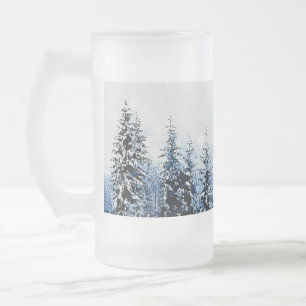 Snowy Evergreen Pine Trees Frosted Glass 16oz Mug