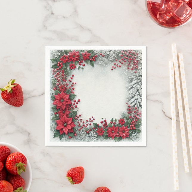 Snowy Evergreen Poinsettia Floral Frame Decoupage Napkins (Insitu)