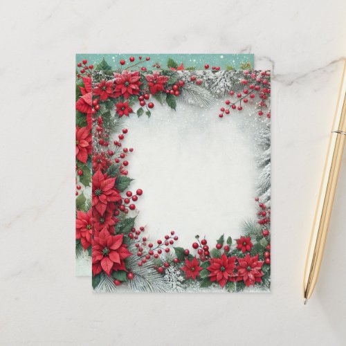 Snowy Evergreen Poinsettia Frame Scrapbook Paper