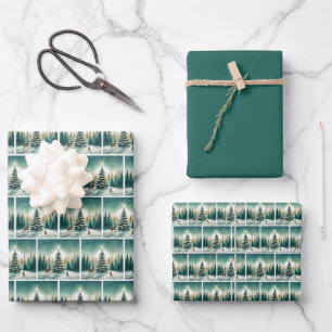 Snowy Evergreen with Star & Forest Friends Wrapping Paper Sheets