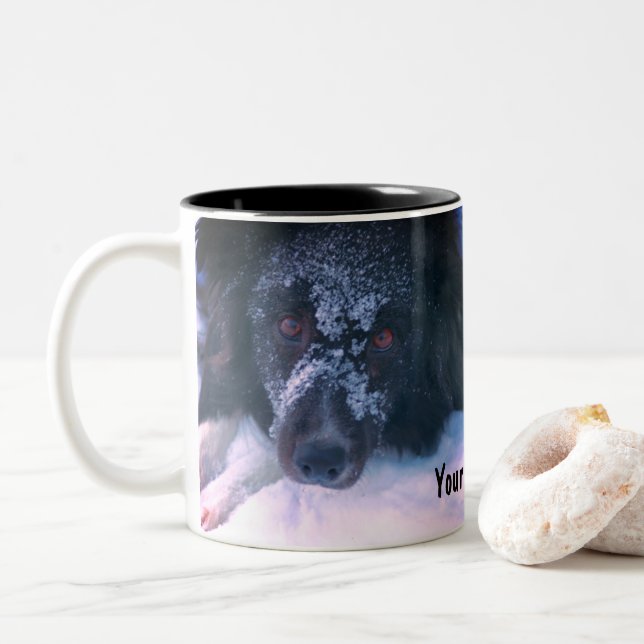 Snowy Faced Border Collie Cute Personalized Two-Tone Coffee Mug (With Donut)