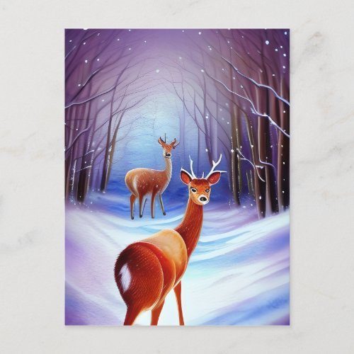 Snowy Fairytale Landscape with Chasing Deer Holiday Postcard
