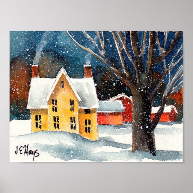 Snowy Farmhouse and Barns Poster (Front)