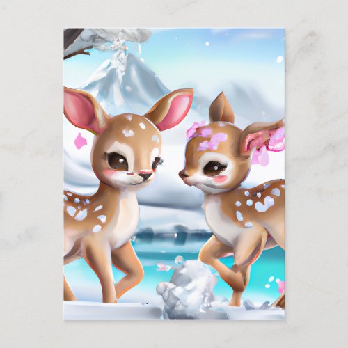 Snowy Fawn Chasing in a Colorful Landscape Postcard