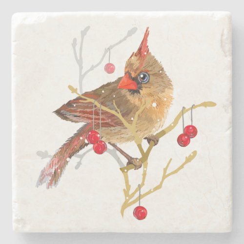 Snowy Female Cardinal Christmas Stone Coaster