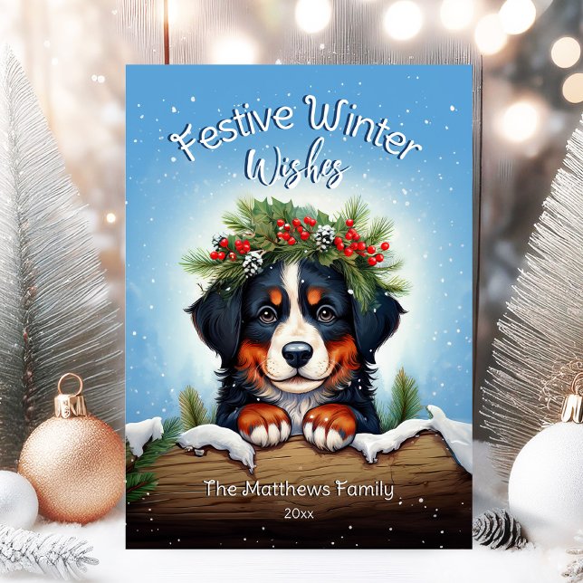 Snowy Festive Winter Wishes Bernese Mountain Dog Holiday Card (Adorable Winter Snowy Scene With Peeking Dogs or Farm/Woodland Animals - Over 50 to Choose From!)