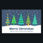 Snowy Fir Trees Large Christmas Stickers<br><div class="desc">A modern geometric design of five fir trees in teal,  turquoise and golden yellow. The sky is navy blue with white falling snow. The text says "Merry Christmas" with a section for a custom name or family.</div>