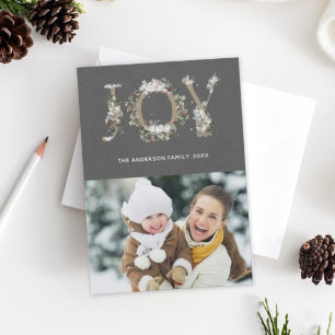 Snowy Floral Joy Holiday Photo Card