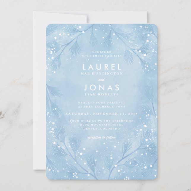 Snowy Forest Blue Winter Wedding Invitations (Front)