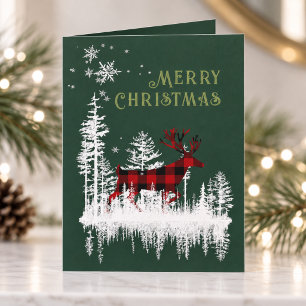 Snowy Forest Buffalo Plaid Stag Merry Christmas Ho Holiday Card