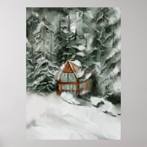 Snowy Forest Cabin Watercolour Poster