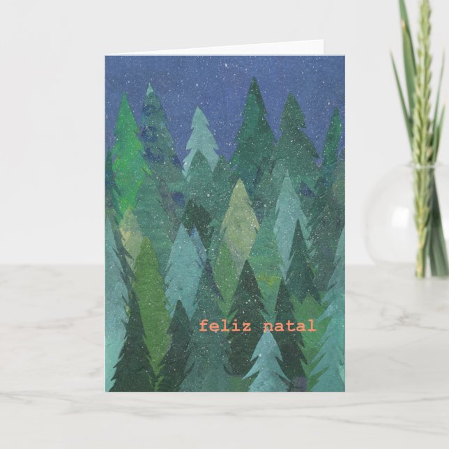 Snowy Forest Christmas Card: Portuguese Greeting Holiday Card (Front)