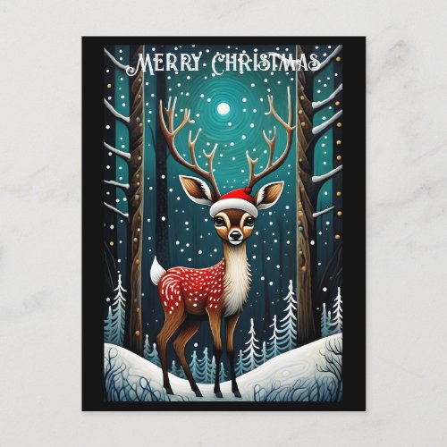Snowy Forest Cute Baby Deer Santa Christmas Gift Postcard