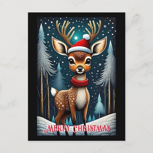 Snowy Forest Cute Santa Baby Deer Christmas  Postcard