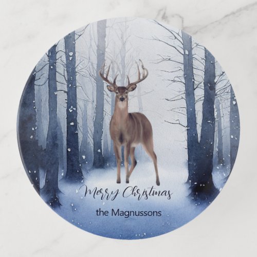 Snowy forest deer Christmas feel custom text Trinket Tray