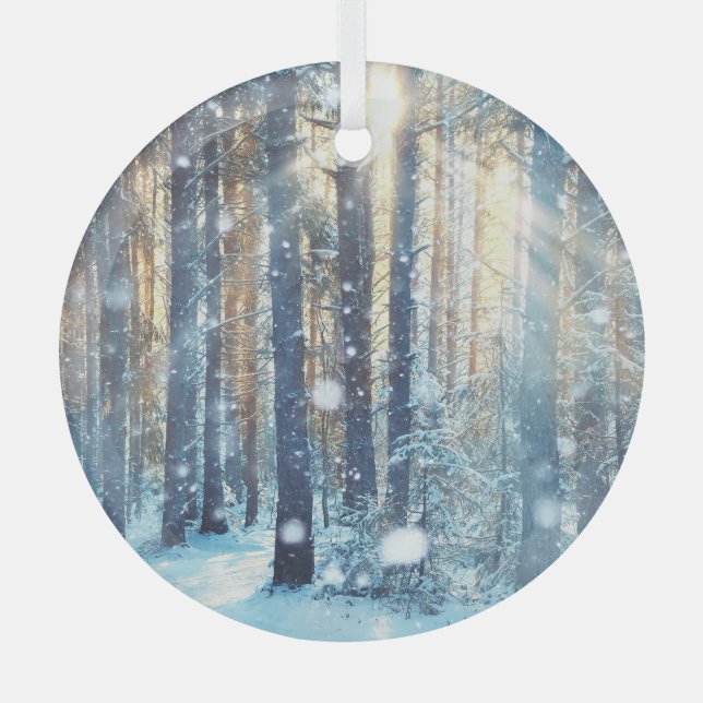 Snowy Forest Frosty Winter Scene Glass Ornament (Front)
