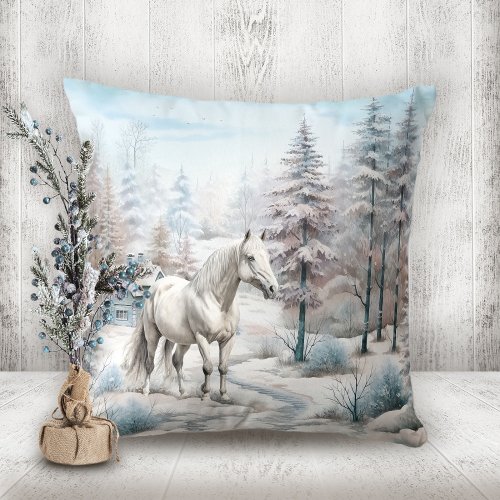 Snowy forest Horse winter scene Christmas Throw Pillow