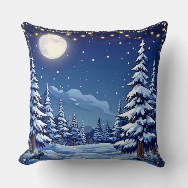 Snowy Forest Landscape Under a Moonlit Night Throw Pillow (Front)