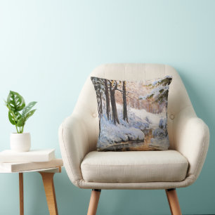 Snowy Forest Landscape, Walter Moras  Throw Pillow