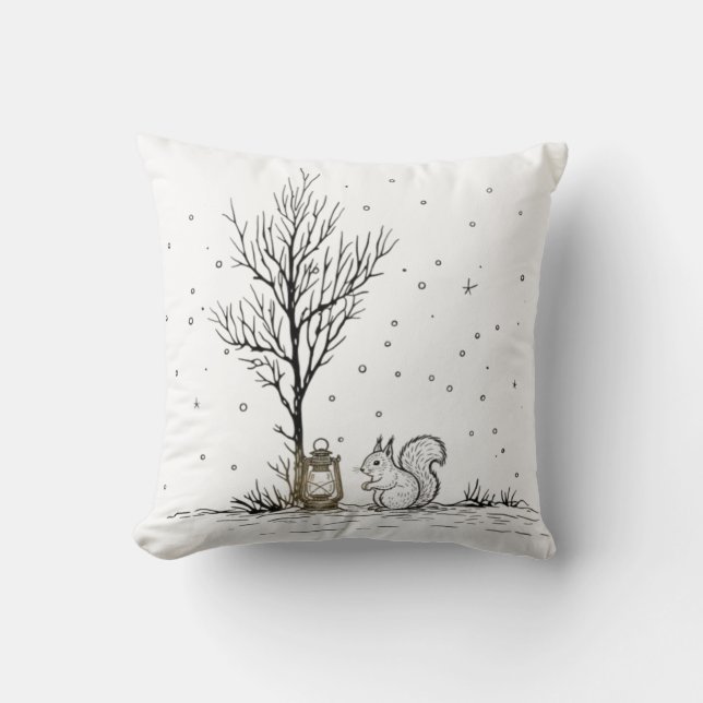 Snowy Forest Lantern Scene Throw Pillow (Front)