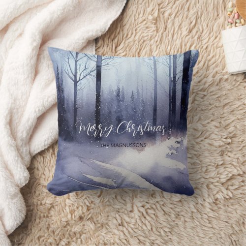 Snowy forest Merry Christmas custom name Throw Pillow