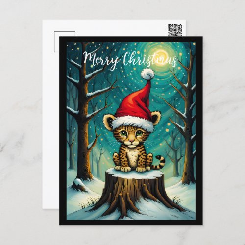 Snowy Forest Night Cute Baby Leopard Holiday Postcard