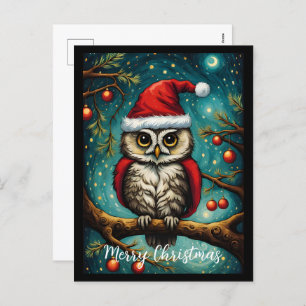 Snowy Forest Night Cute Owl Merry Christmas  Holiday Postcard