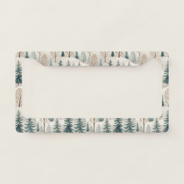 Snowy Forest Pattern – Peaceful Winter Landscape License Plate Frame (Front)