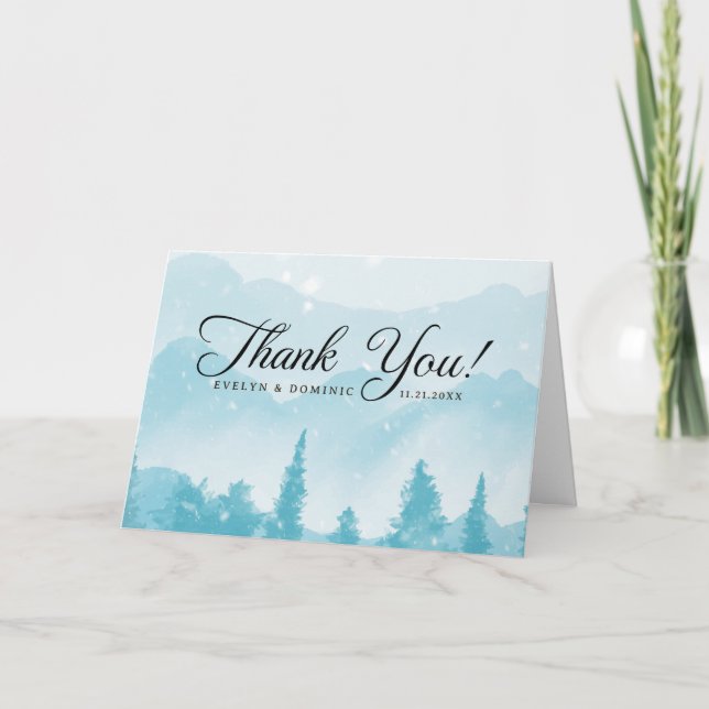 Snowy Forest Pine Mountain Winter Wedding Folded Letterpress Thank You Card (Front)
