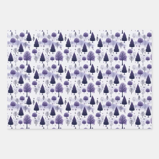 Snowy Forest Purple Christmas Wrapping Paper Sheets (Front)