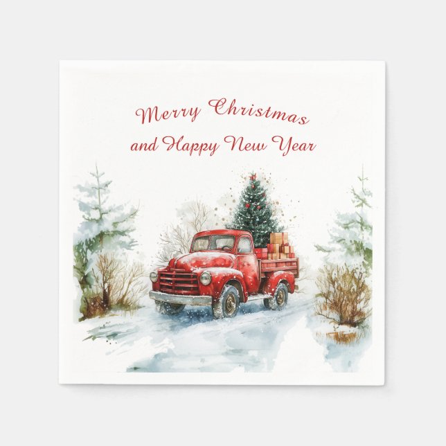 Snowy Forest Red Christmas Truck  Napkins (Front)