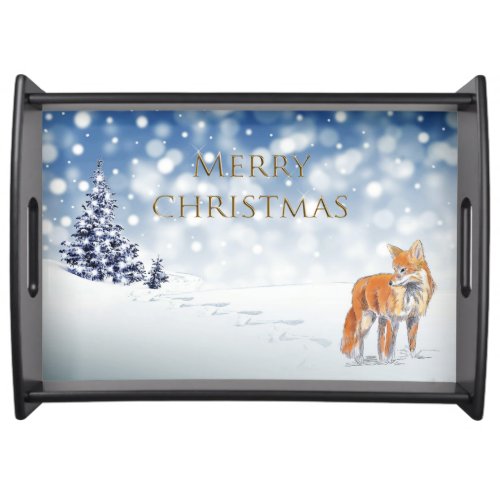 Snowy Forest Red Fox Merry Christmas Serving Tray