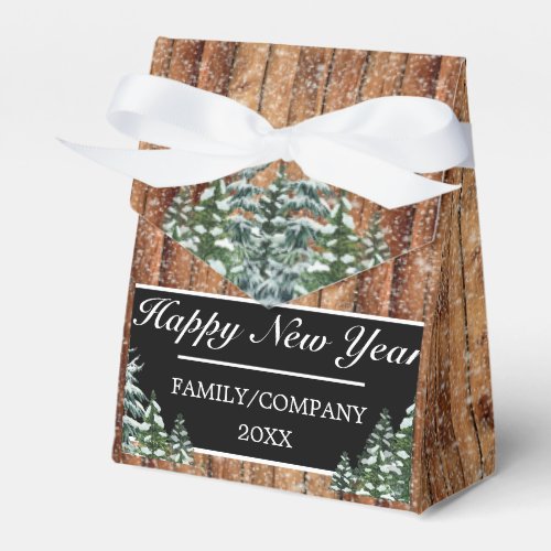 Snowy Forest Rural Happy New Year Logo Snowflake Favor Boxes