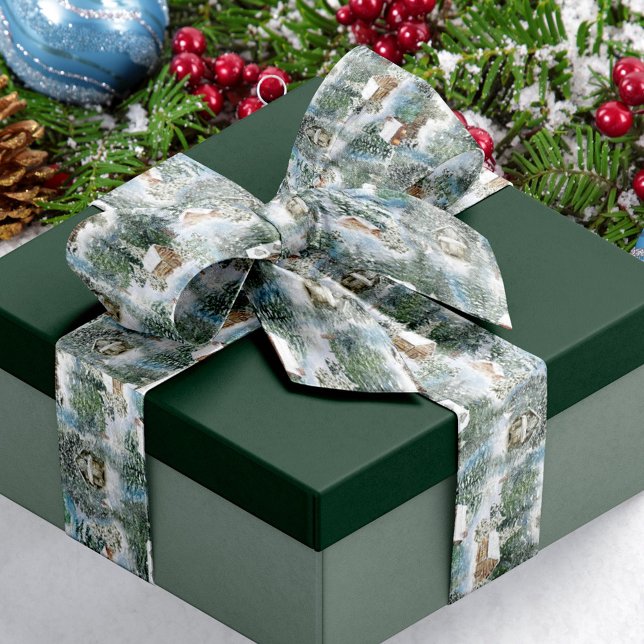 Snowy Forest Rustic Woodland Cabins Christmas Satin Ribbon (Creator Uploaded)