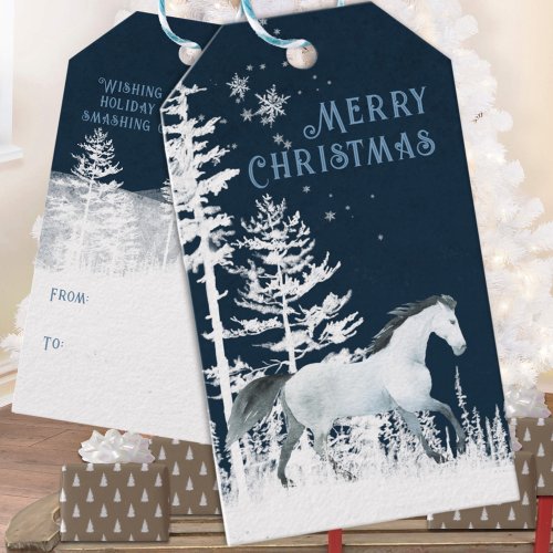 Snowy Forest Wild White Horse Merry Christmas Gift Tags