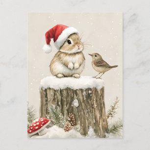 Snowy Forest Winter Woodland Christmas Bunny Bird Announcement Postcard