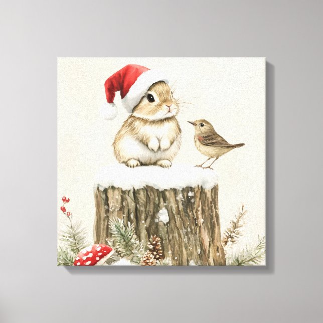 Snowy Forest Winter Woodland Christmas Bunny Bird  Canvas Print (Front)