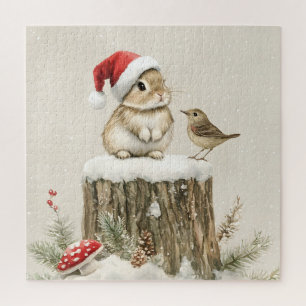 Snowy Forest Winter Woodland Christmas Bunny Bird  Jigsaw Puzzle
