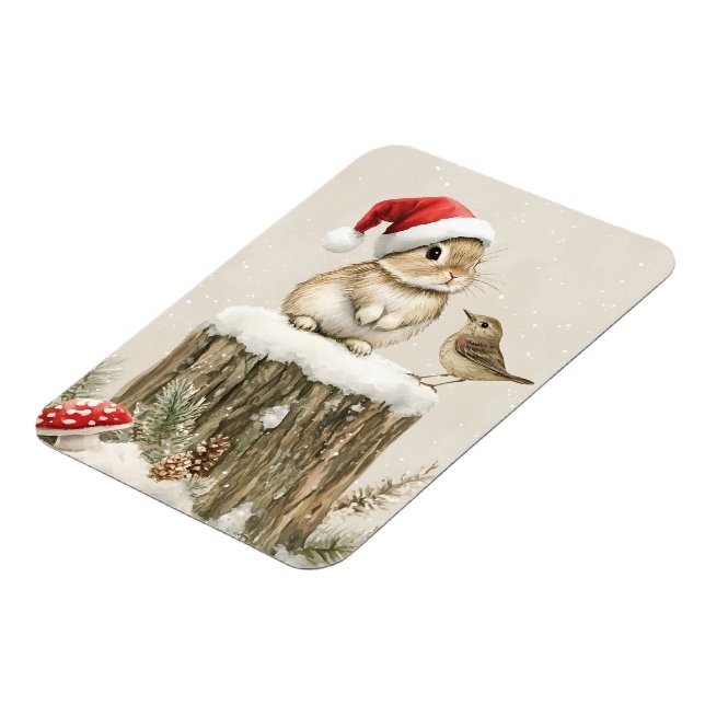 Snowy Forest Winter Woodland Christmas Bunny Bird  Magnet (Left Side)