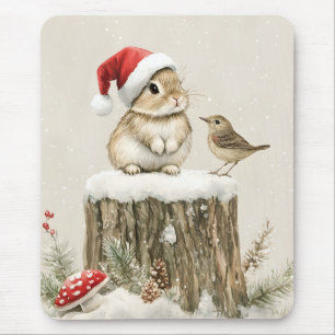 Snowy Forest Winter Woodland Christmas Bunny Bird  Mouse Pad
